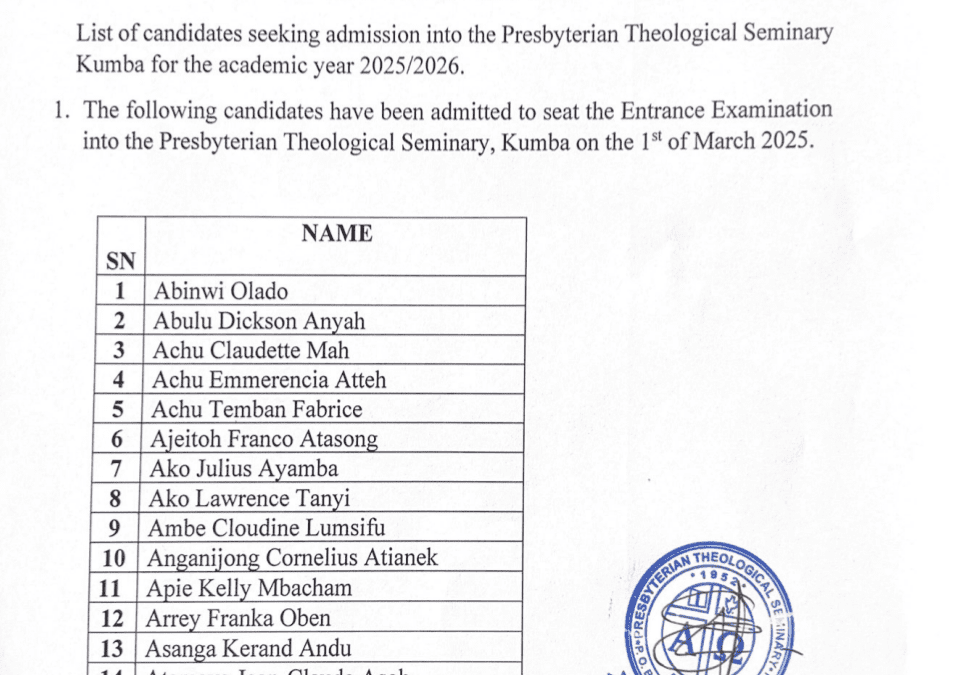 The list of students admitted to seat for the entrance exam into the PTS Kumba for the academic year 2025/2026