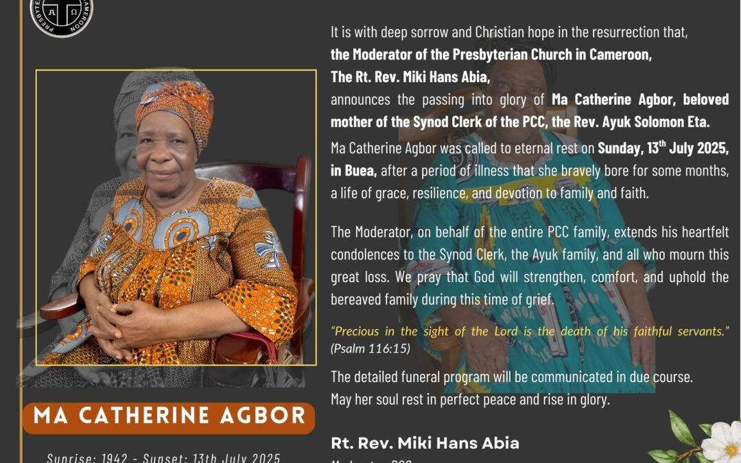 The Rt. Rev. Miki Hans Abia announces the obituary of Ma Catherine Agbor, loving mother of the Synod Clerk, PCC.